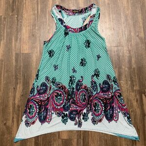 Reborn Sleeveless Teal Pink Paisley Neckline Tank Relaxed Fit Dress Stretch M